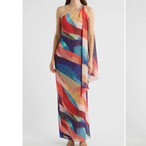 NWT - Vince Camuto Abstract Stripe One-Shoulder Chiffon Gown - Size 12